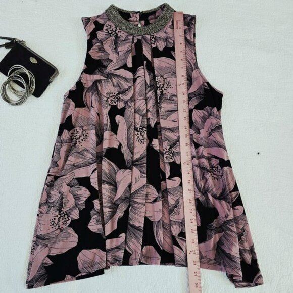 Alfani Women's Floral Sleeveless Top Blouse Beaded Neck Black Purple Size Large - Picture 8 of 13